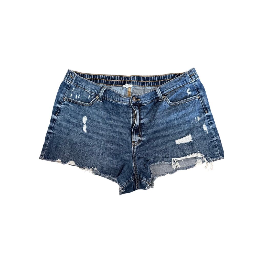 Aerie Daydream Denim Shorts XL Blue Distressed Elastic Back Waistband Raw Hem